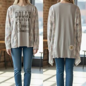 Upcycled Dolly Parton Graphic with Plaid Long Sleeve and fabric insert sides